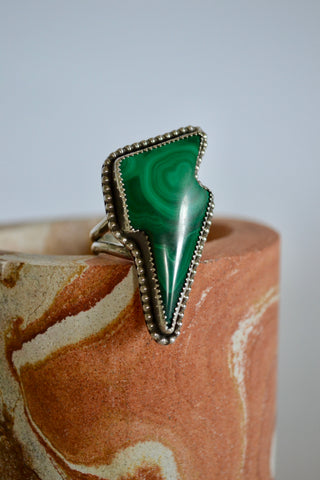 Malachite Lightning Bolt Sterling Silver Ring (Size 9.75)