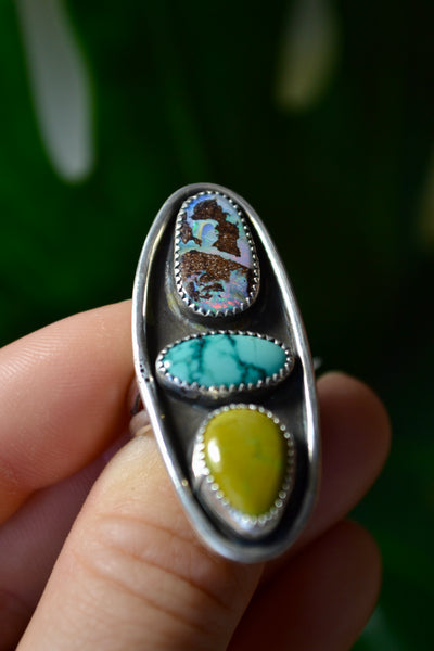 Sonoran/Tibetan Turquoise & Boulder Opal Sterling Silver Ring (Size 8)