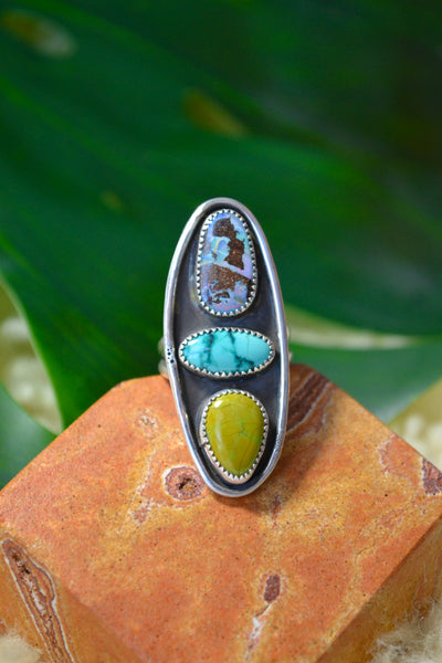 Sonoran/Tibetan Turquoise & Boulder Opal Sterling Silver Ring (Size 8)
