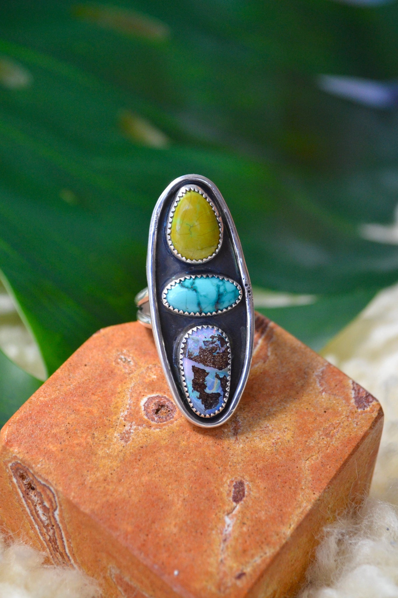 Sonoran/Tibetan Turquoise & Boulder Opal Sterling Silver Ring (Size 8)