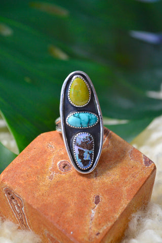 Sonoran/Tibetan Turquoise & Boulder Opal Sterling Silver Ring (Size 8)