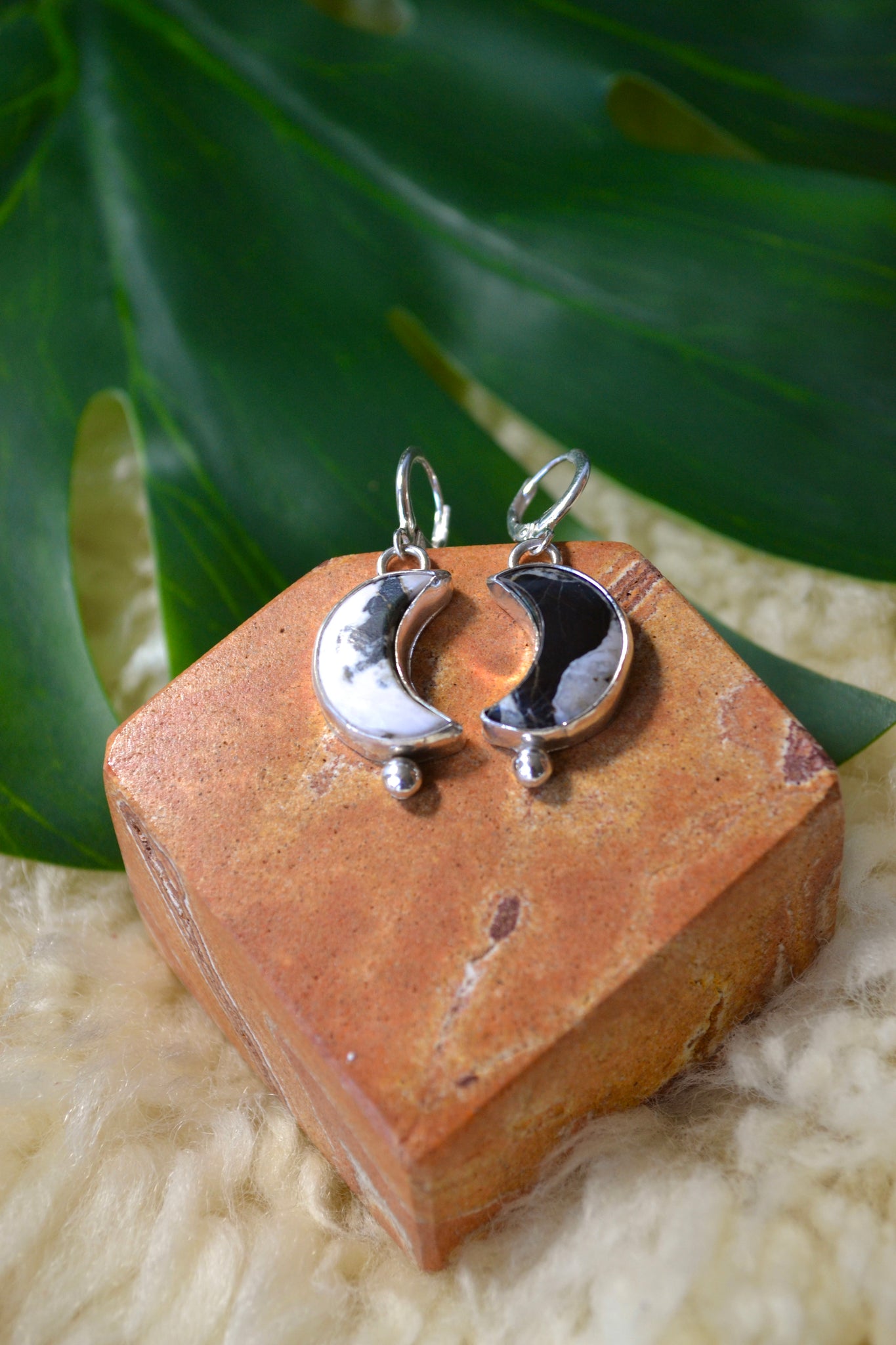 White Buffalo Moon Hoop Dangle Earrings