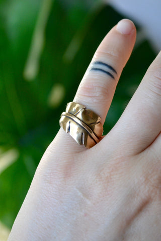 Brass Leaf Sterling Silver Ring (Size 6)