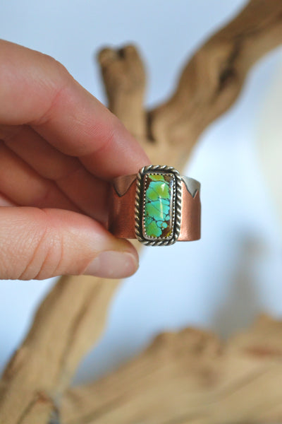 Turquoise Mixed Metal Wide Band Sterling Silver Ring (Size 14.25)