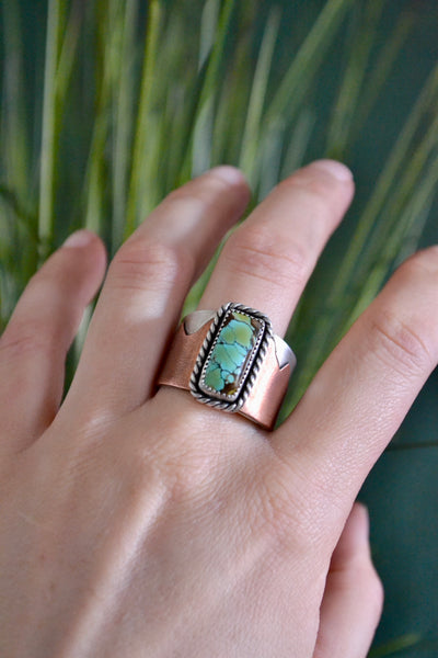 Turquoise Mixed Metal Wide Band Sterling Silver Ring (Size 14.25)