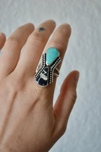 Blue Moon & White Buffalo Sterling Silver Ring (Size 9)