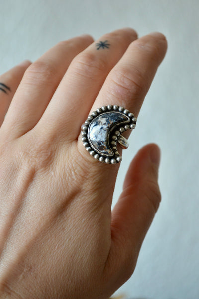 White Buffalo Moon Sterling Silver Ring (Size 8)