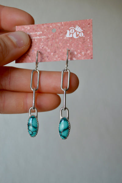 Tibetan Turquoise Paperclip Chain Hoop Dangle Earrings