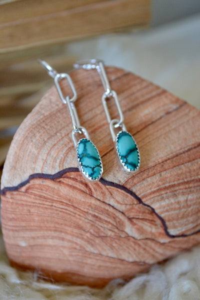 Tibetan Turquoise Paperclip Chain Hoop Dangle Earrings