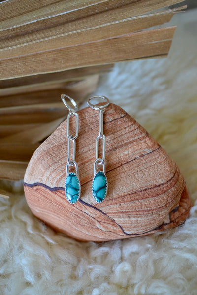 Tibetan Turquoise Paperclip Chain Hoop Dangle Earrings