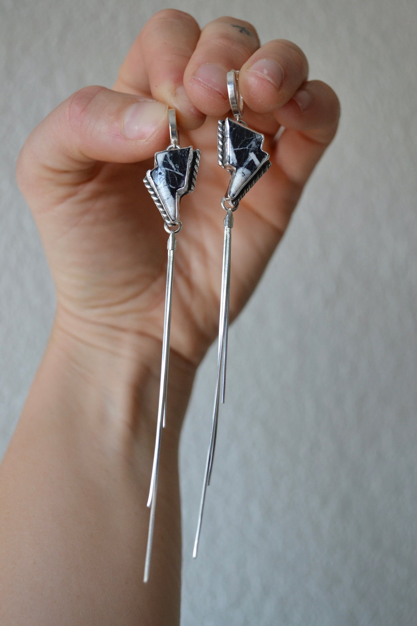 White Buffalo Lightning Bolt Chain Fringe Earrings