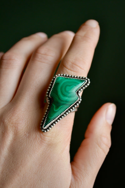 Malachite Lightning Bolt Sterling Silver Ring (Size 9.75)
