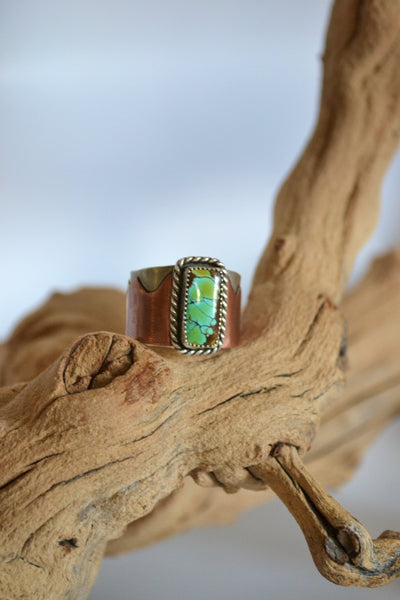 Turquoise Mixed Metal Wide Band Sterling Silver Ring (Size 14.25)