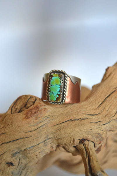 Turquoise Mixed Metal Wide Band Sterling Silver Ring (Size 14.25)