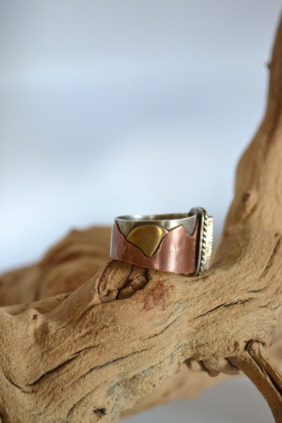 Turquoise Mixed Metal Wide Band Sterling Silver Ring (Size 14.25)