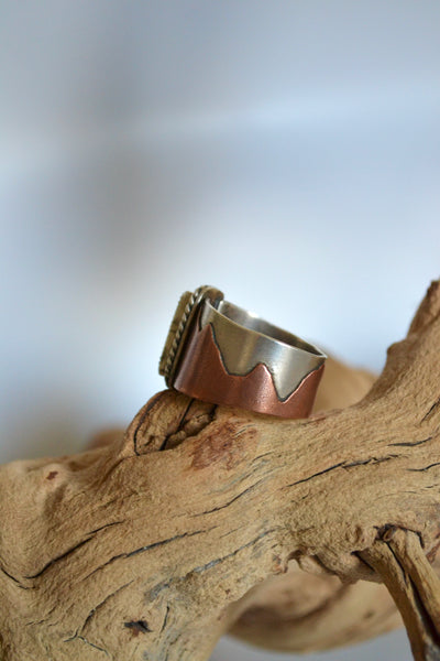 Turquoise Mixed Metal Wide Band Sterling Silver Ring (Size 14.25)