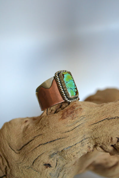 Turquoise Mixed Metal Wide Band Sterling Silver Ring (Size 14.25)