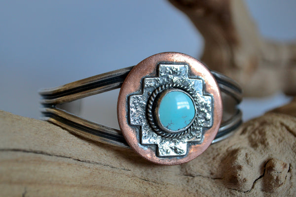 Natural Golden Hills Turquoise Sterling Silver & Copper Cuff Bracelet