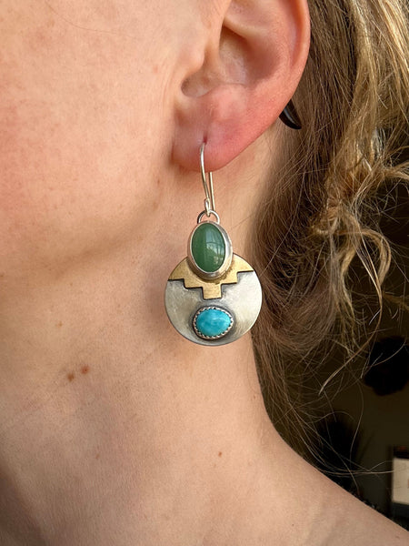 Sonoran Turquoise & Green Aventurine Mixed Metal Dangle Earrings