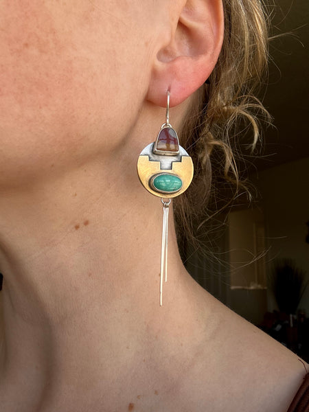 Egyptian Turquoise & Noreena Jasper Mixed Metal Dangle Fringe Earrings