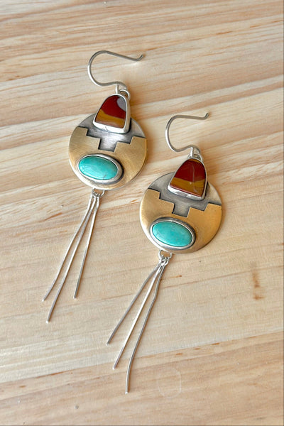 Egyptian Turquoise & Noreena Jasper Mixed Metal Dangle Fringe Earrings