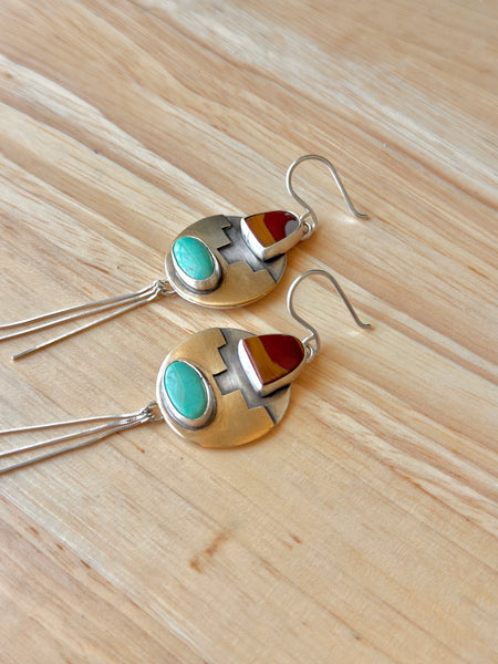 Egyptian Turquoise & Noreena Jasper Mixed Metal Dangle Fringe Earrings