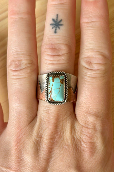 #8 Turquoise Mixed Metal Wide Band Sterling Silver Ring (Size 11.25)