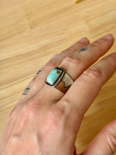 #8 Turquoise Mixed Metal Wide Band Sterling Silver Ring (Size 11.25)