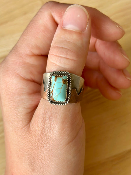 #8 Turquoise Mixed Metal Wide Band Sterling Silver Ring (Size 11.25)