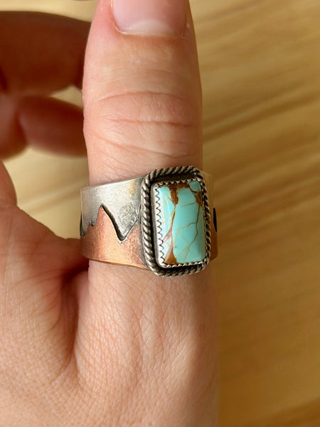 #8 Turquoise Mixed Metal Wide Band Sterling Silver Ring (Size 11.25)