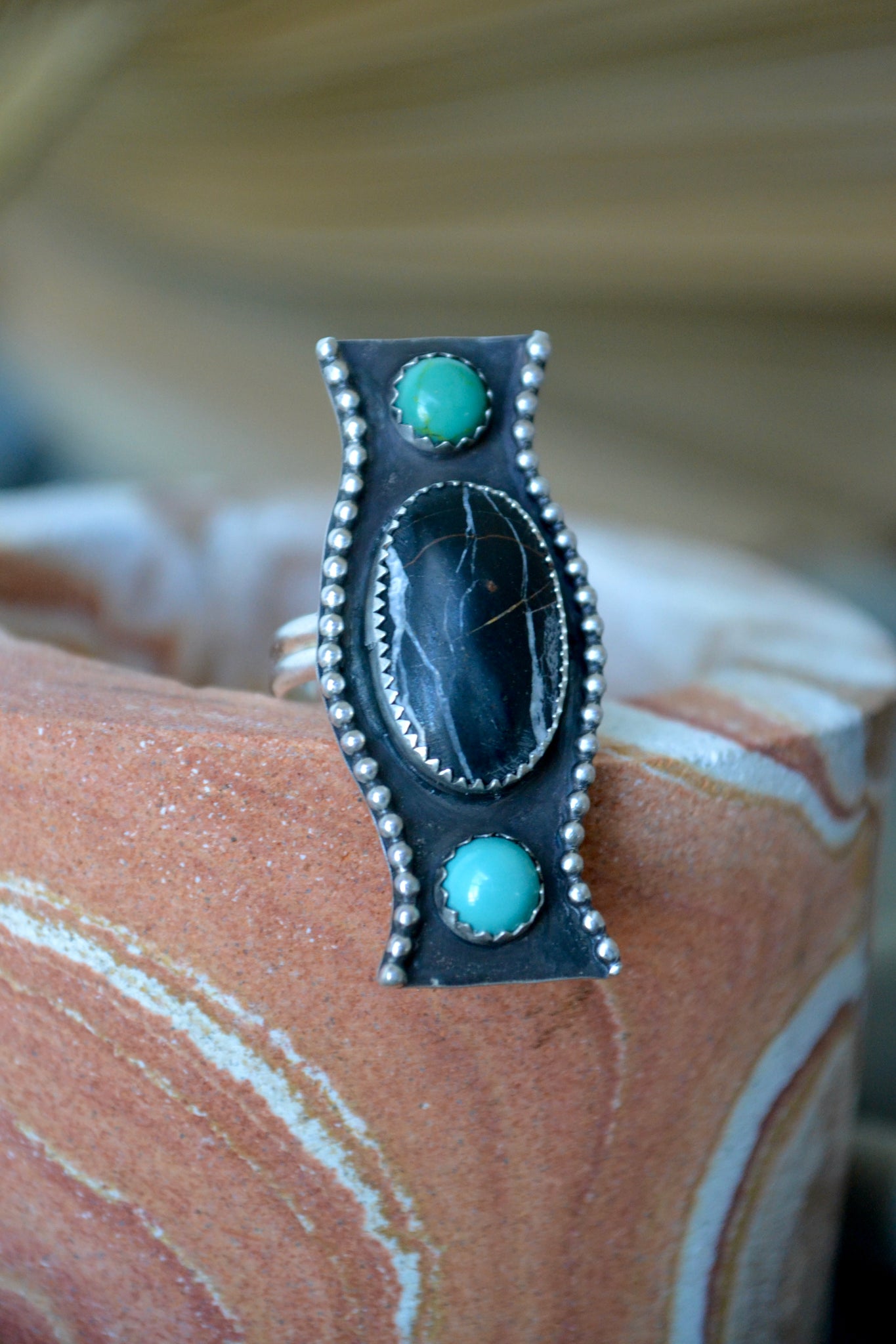Turquoise & White Buffalo Sterling Silver Ring (Size 7.5)